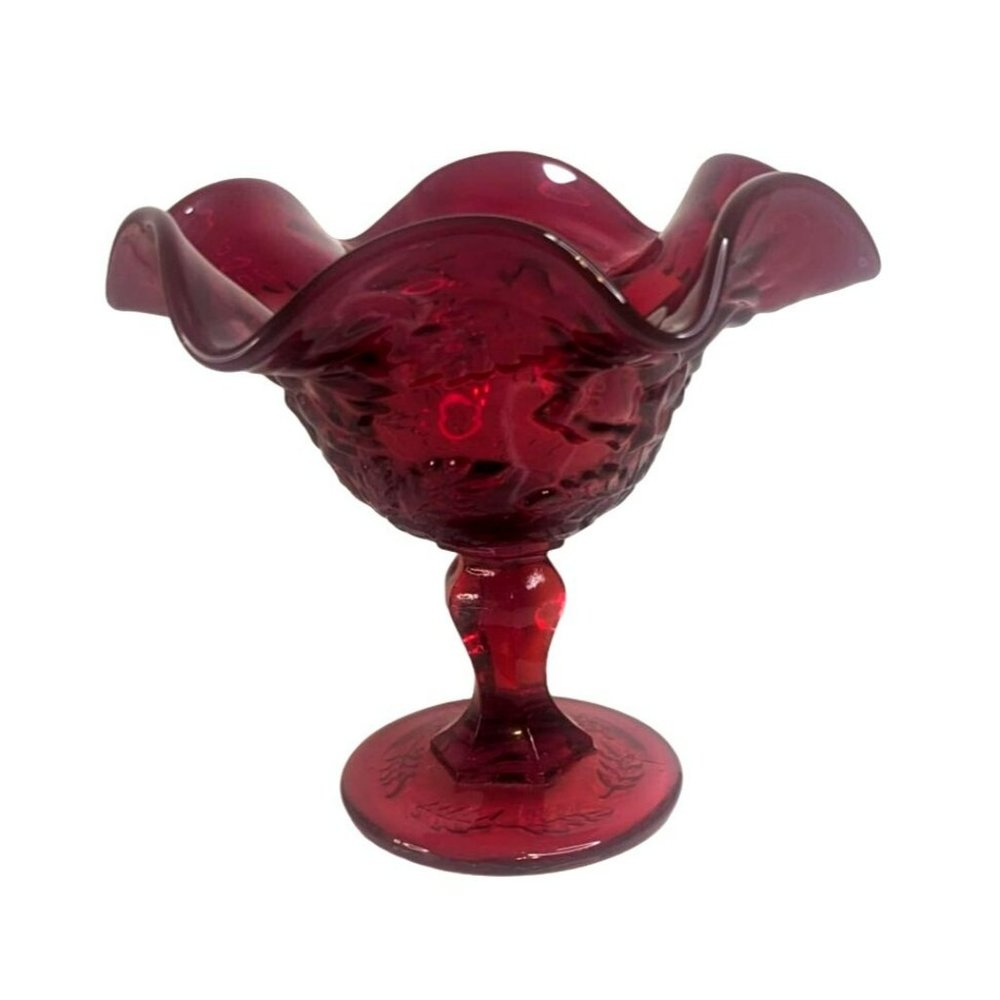 Vintage Ruby Red Glass Ruffled Compote Candy Pedestal Bowl